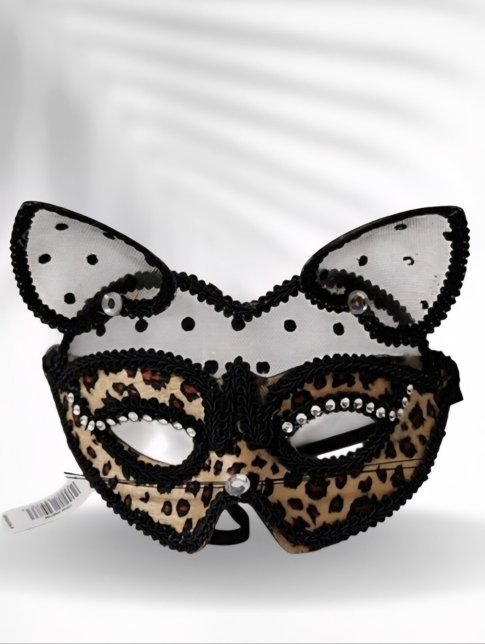 Cat Masquerade Halloween Half-Mask Leopard Print & Black Lace With Rhinestones